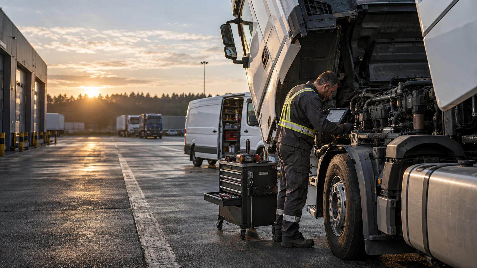 Mobilny mechanik przy silniku ciężarówki — ilustracja usługi serwisowej